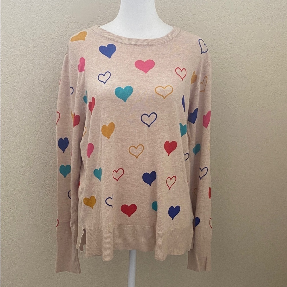Marled Beige/Tan Heart Patterned Women's Sweater. Crew neck. Size L. - Picture 3 of 13